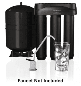 Water filtration system with glass of ice water, faucet not included.