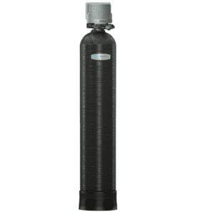 Tall black water filter tank with a control valve on top.