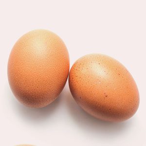 Two brown eggs on a white surface.