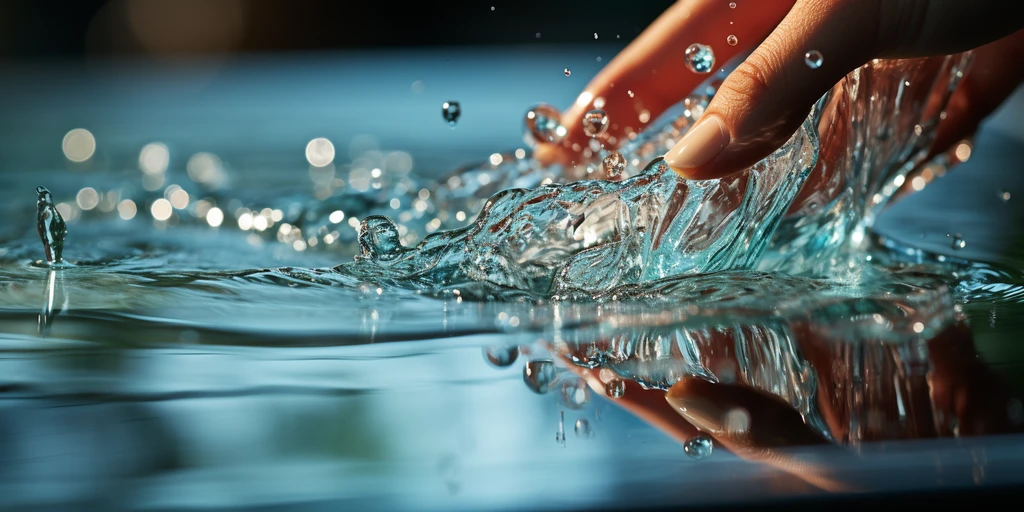 A hand gently skimming the surface of water, creating ripples and splashes.