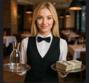 A smiling waitress holding a tray with money and a glass jug.