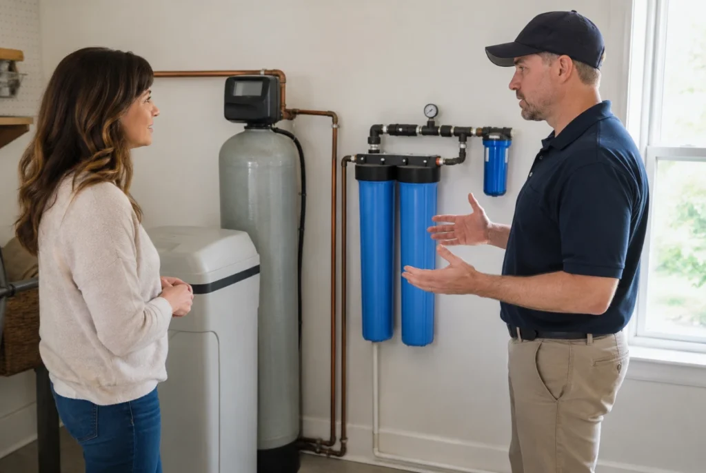 Homeowner comparing a water softener and whole-home water filtration system