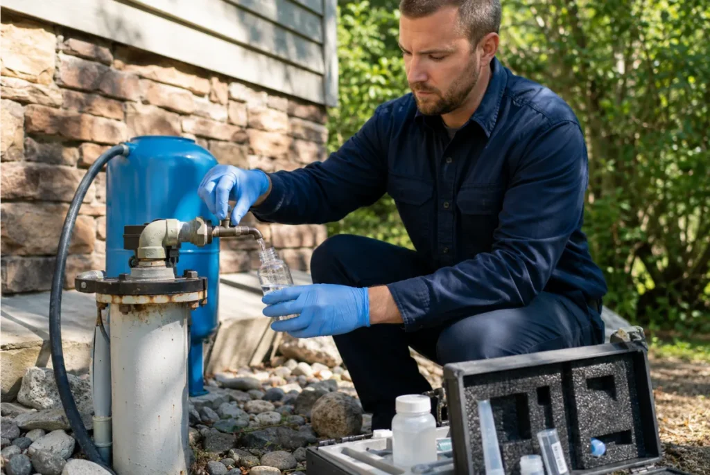 Technician testing private well water after a rotten-egg odor is reported