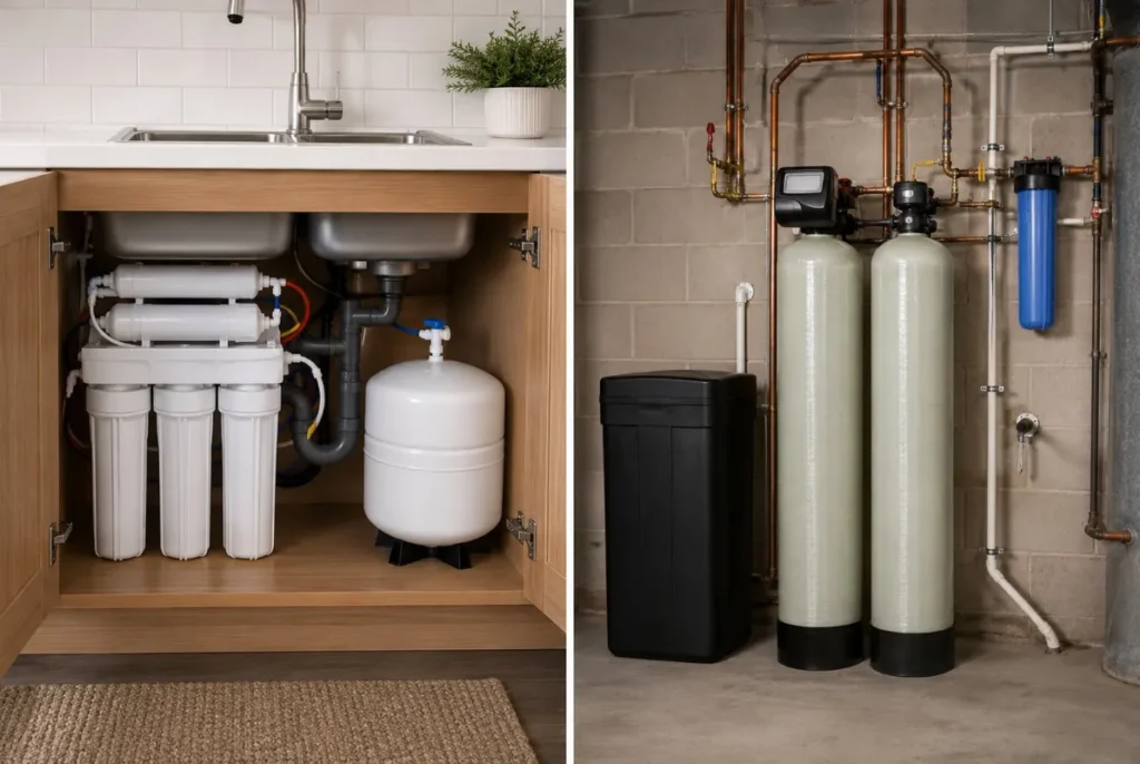 Under-sink drinking-water system compared with whole-home water-treatment equipment