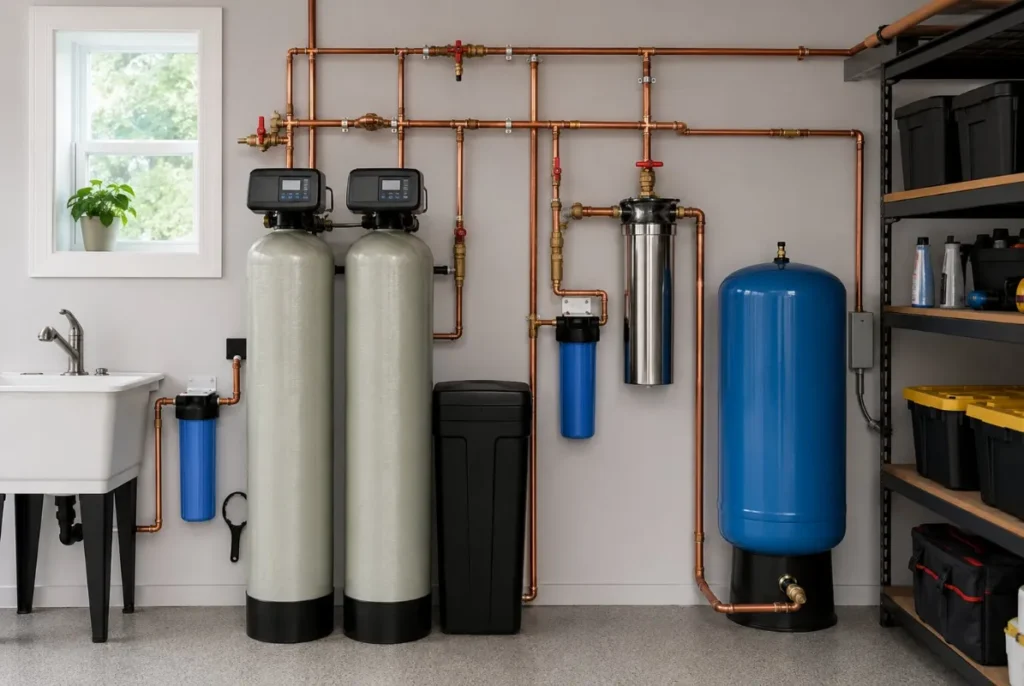 Whole-home water-filtration equipment installed with plumbing and maintenance access