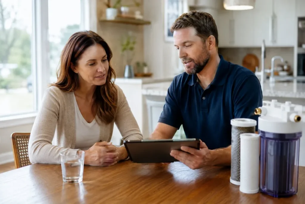 Homeowner reviewing water-filtration options with a water-treatment professional