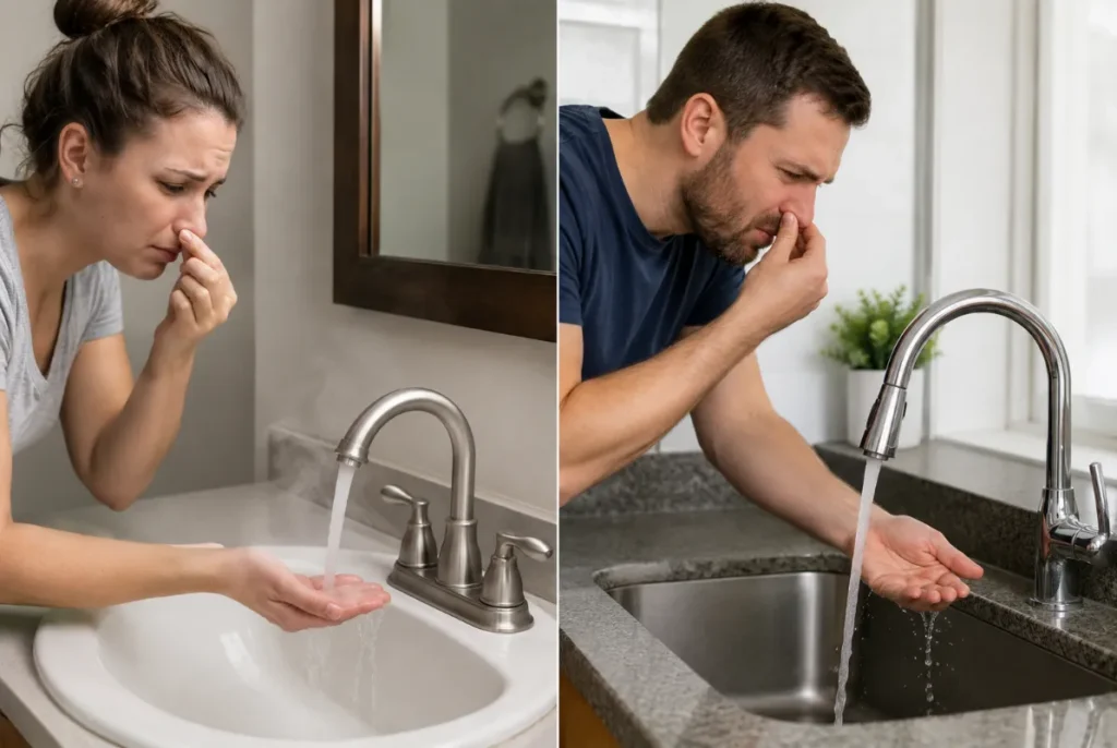 Hot and cold water being checked separately to identify the source of sulfur odor