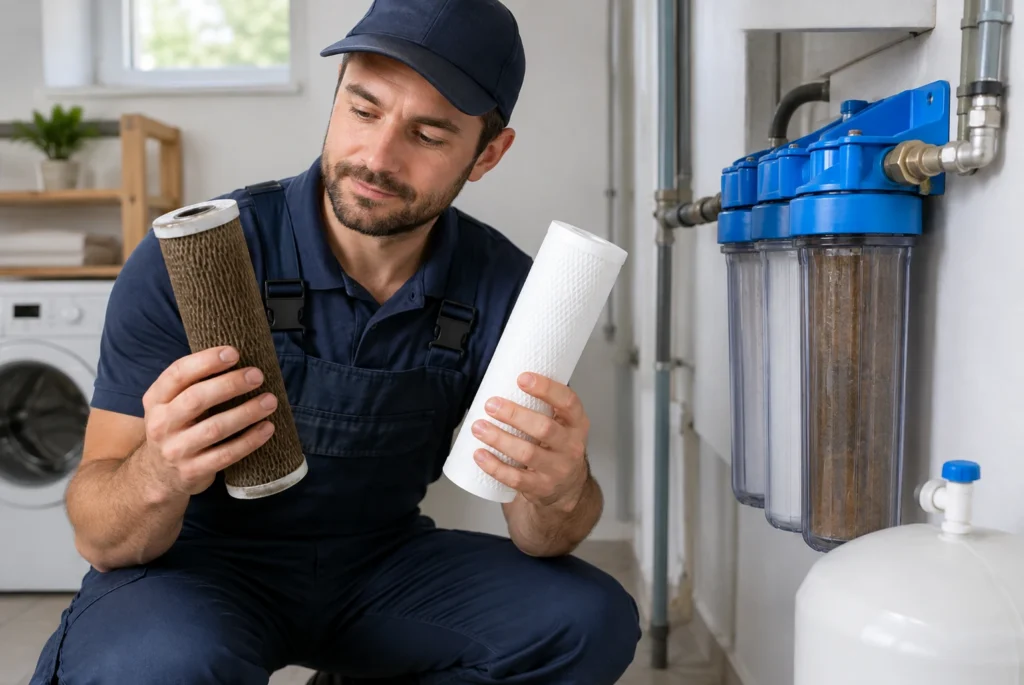 Clogged whole-home water filter cartridge containing trapped sediment