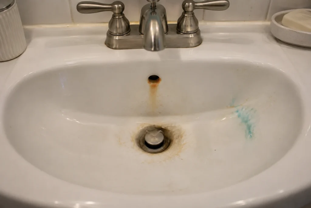 Orange, black, and blue-green water stains on residential plumbing fixtures
