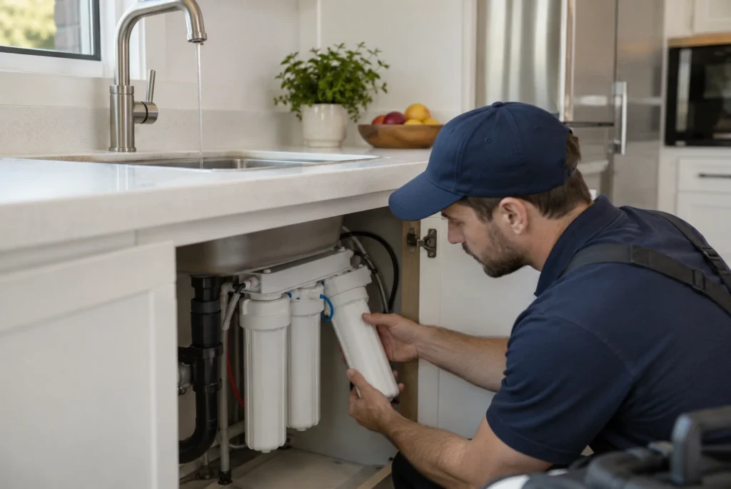 Technician checking low drinking-water flow from a possible clogged filter