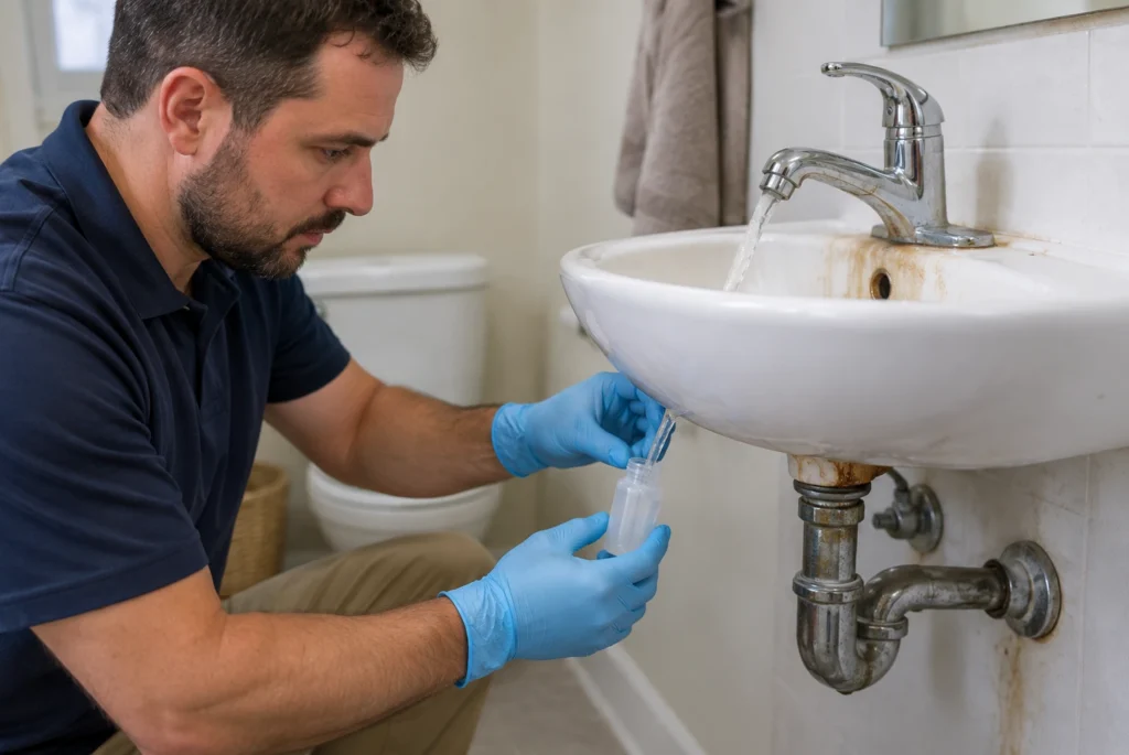 Technician collecting a water sample to identify the cause of colored fixture stains