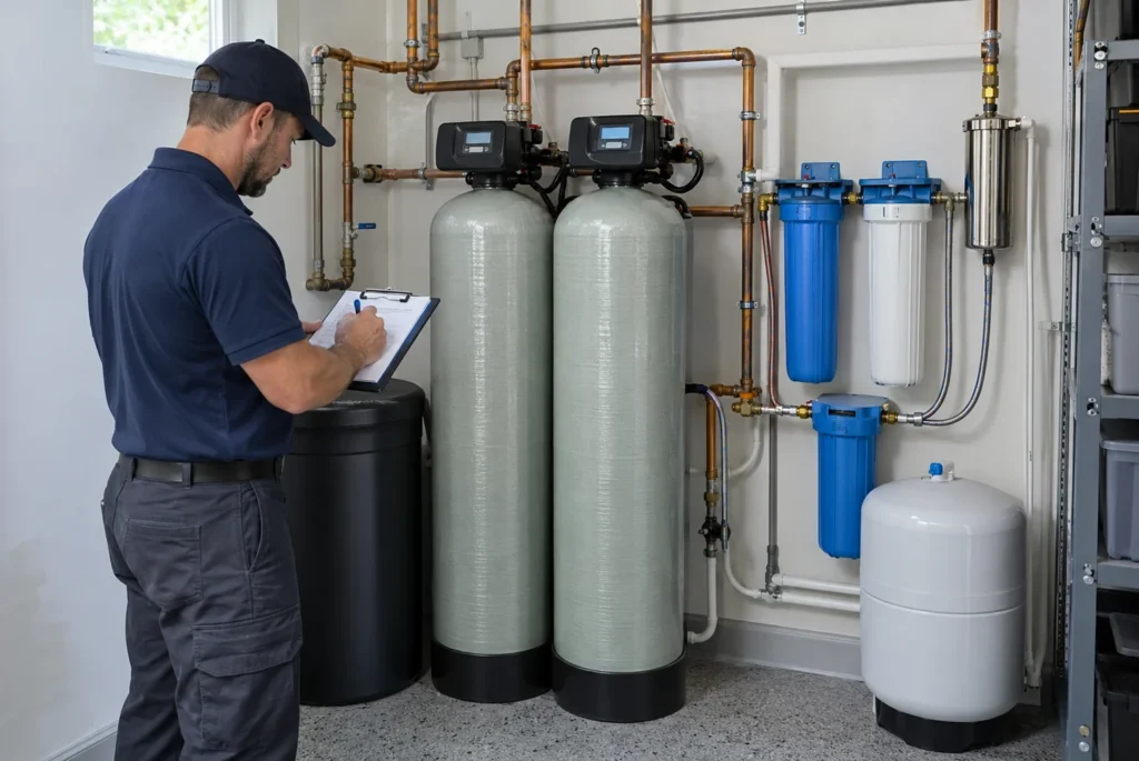Technician inspecting a residential water filtration system during maintenance