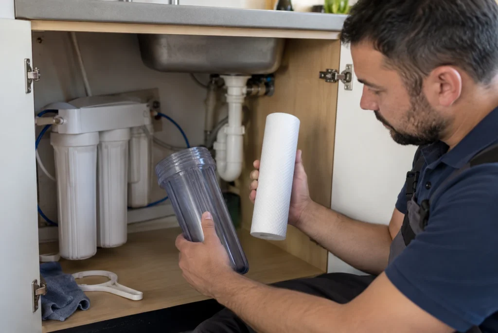 Technician matching a replacement cartridge to a residential water filtration system