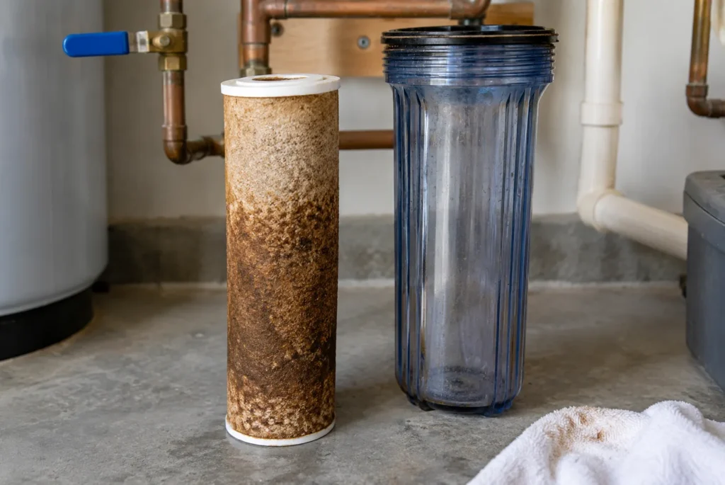 Used water filter cartridge compared with a clean replacement filter